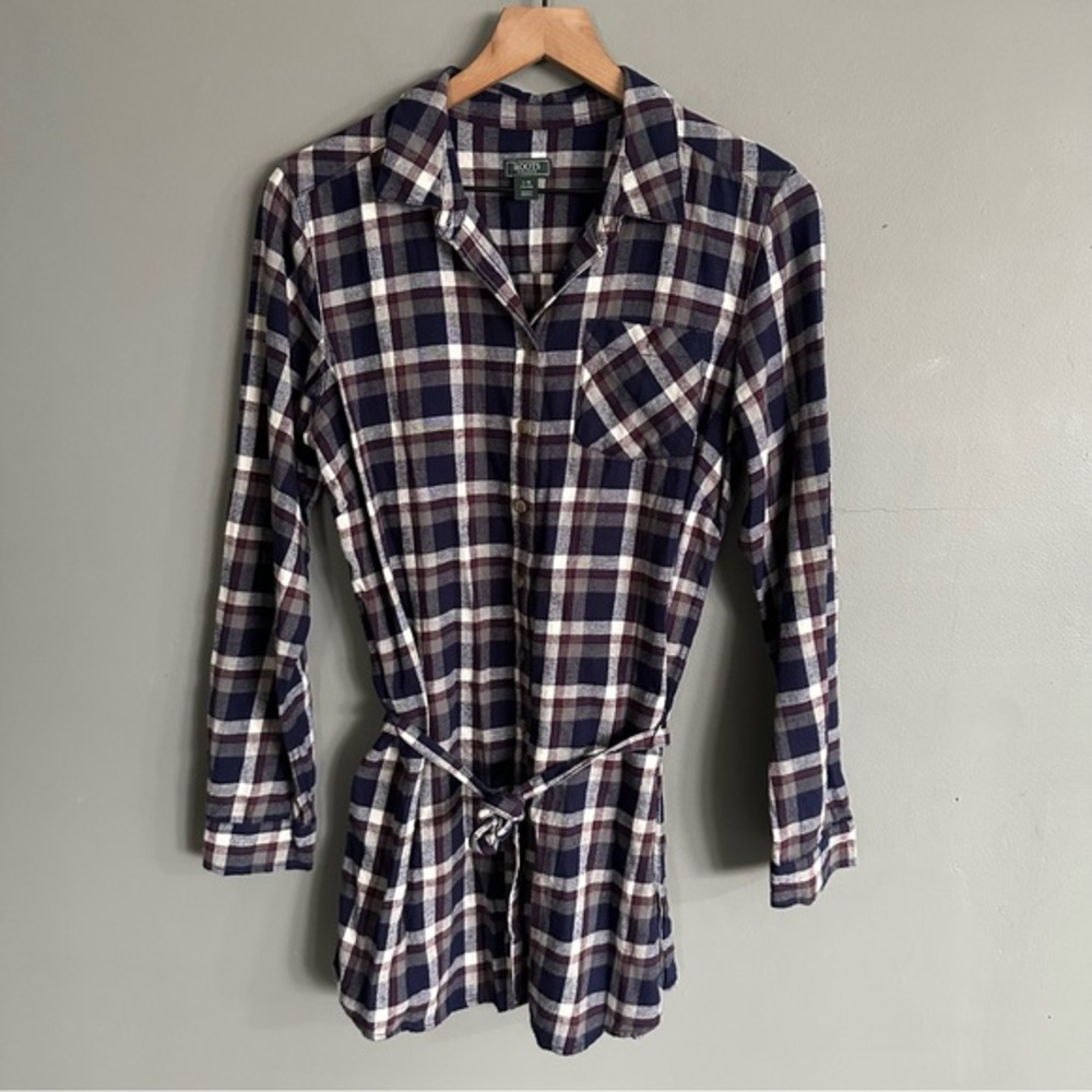 Roots Canada Plaid Button Down Tunic with Tie Belt | Blue/Cream/Burgundy